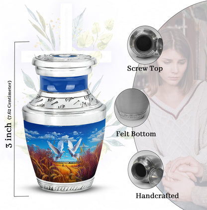 Cornflower Blue Dove Cremation Urn top-down view of secure threaded lid - artistic dove interpretation with creative detail - mini keepsake memorial for portion of cremation ashes