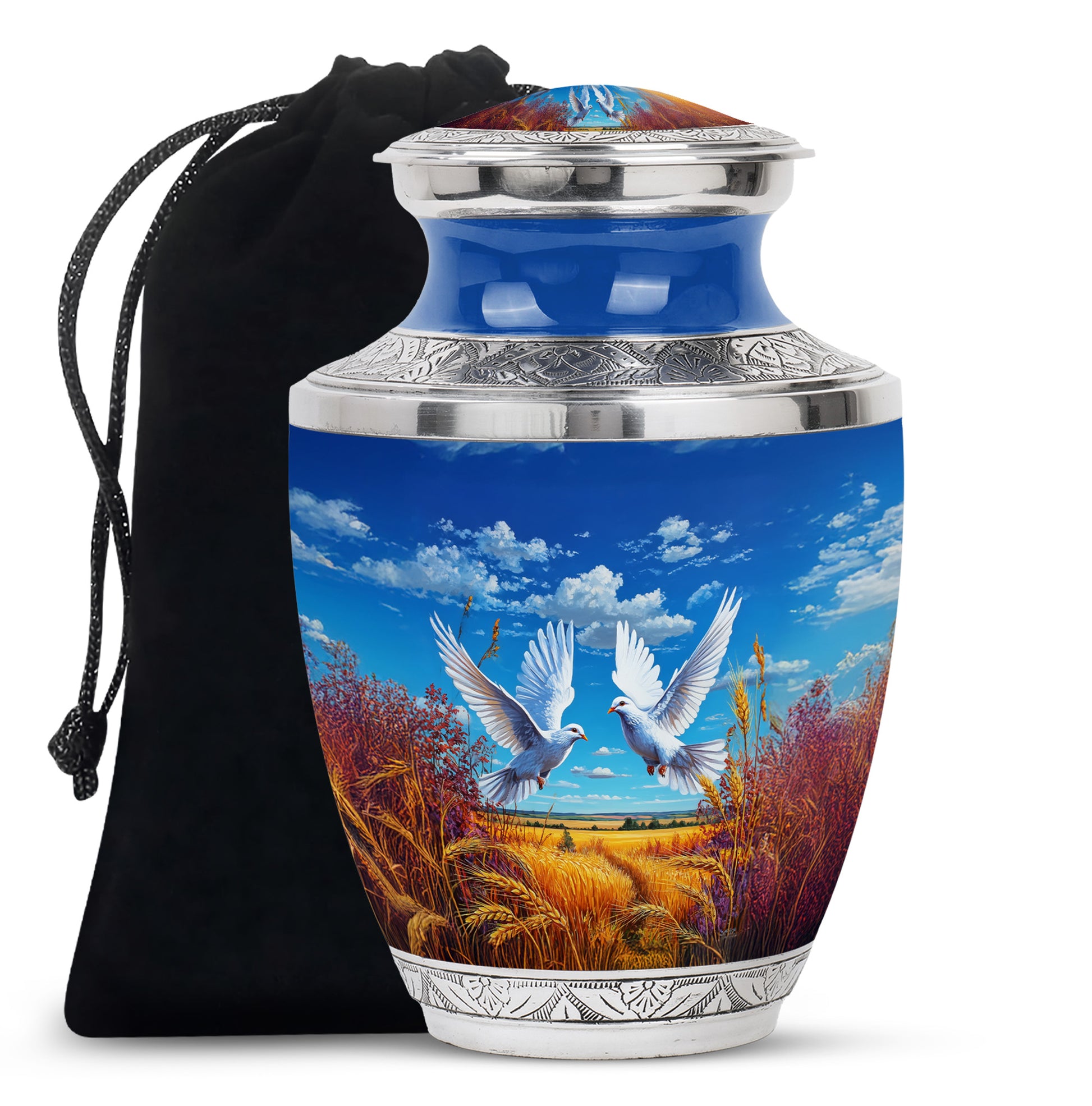 Misty Blue Dove Cremation Urn side profile showing urn shape - modern art-inspired dove motif on sleek aluminum - full-size 10 inch 200 cubic inch adult cremation urn