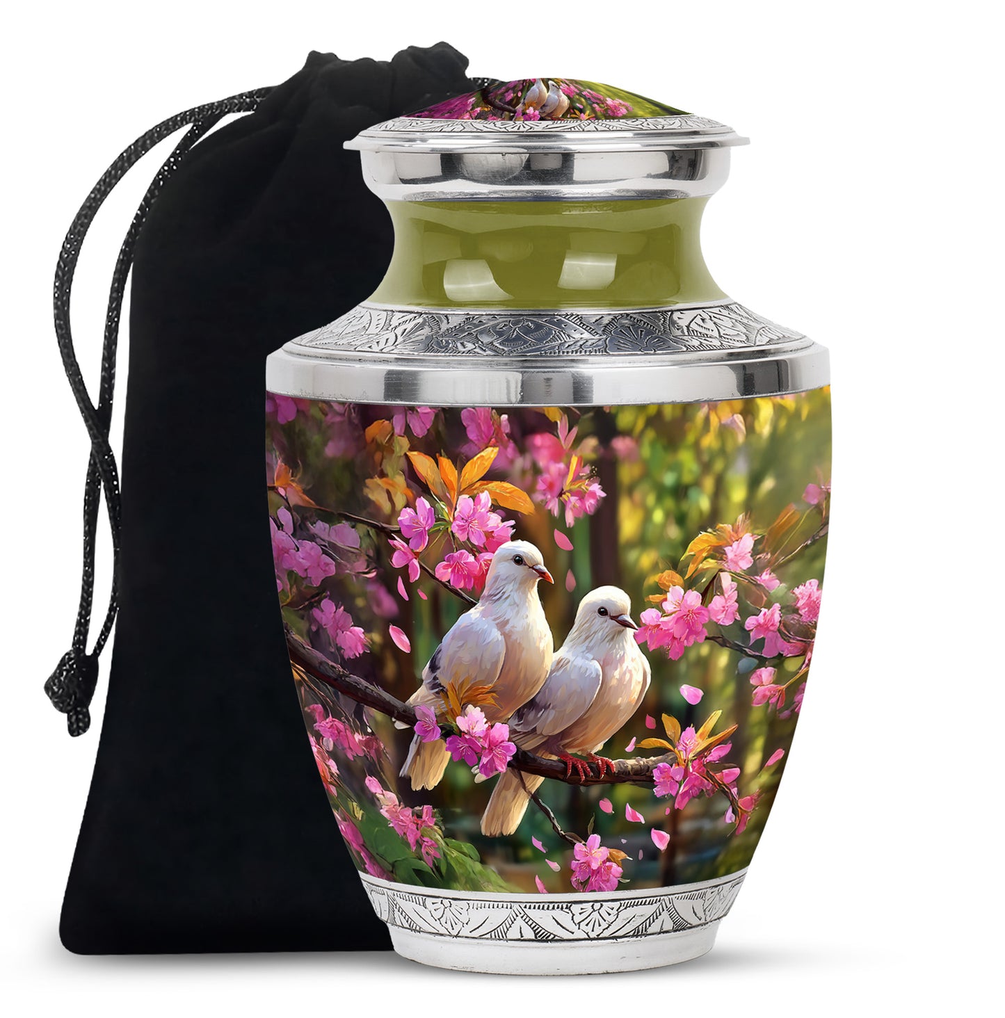 Glossy Black Dove Cremation Urn side profile showing urn shape - modern art-inspired dove motif on sleek aluminum - full-size 10 inch 200 cubic inch adult cremation urn
