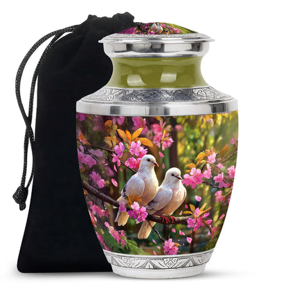 Glossy Black Dove Cremation Urn side profile showing urn shape - modern art-inspired dove motif on sleek aluminum - full-size 10 inch 200 cubic inch adult cremation urn