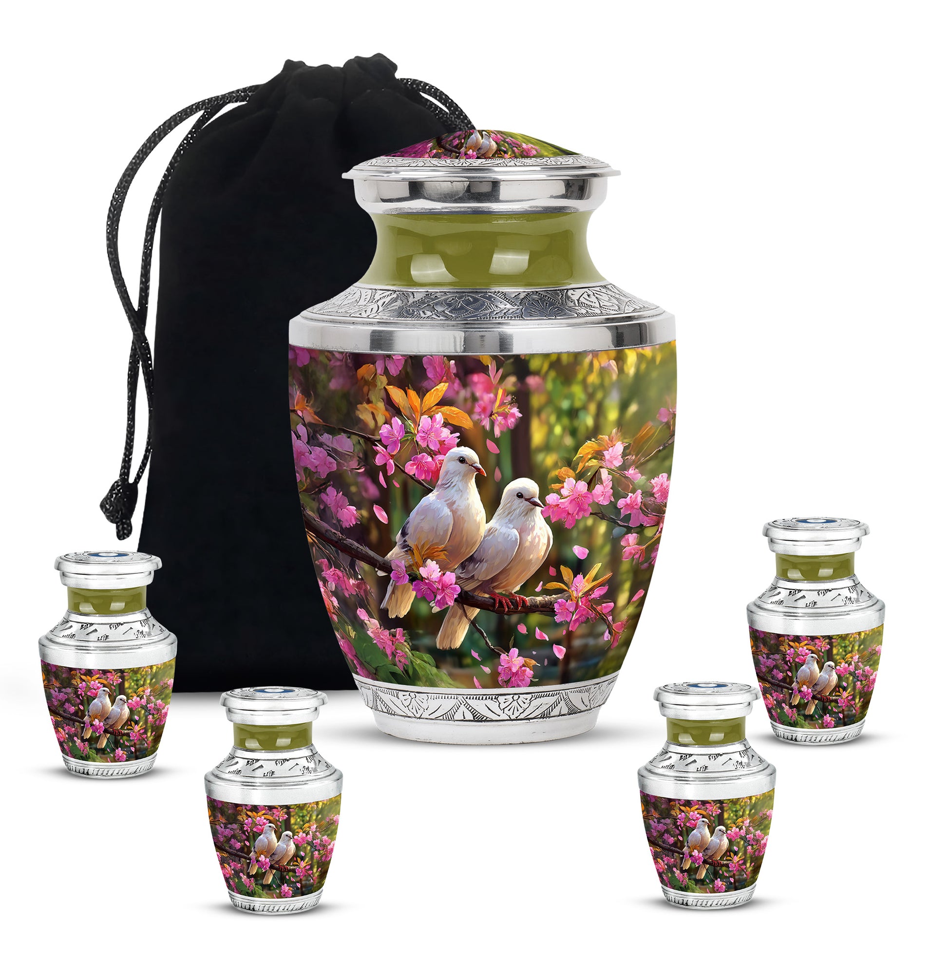 Charcoal Black Dove Cremation Urn lifestyle display on memorial shelf - artistic dove interpretation with creative detail - memorial set with one large and four small urns