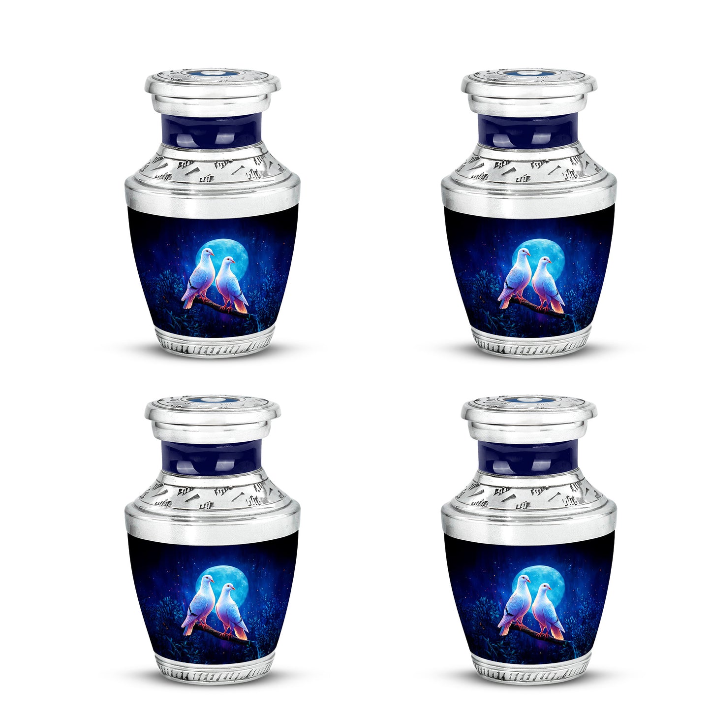 Navy Blue Dove Cremation Urn back view with polished surface - contemporary dove design with modern artistic flair - 10 inch aluminum urn for cremated remains
