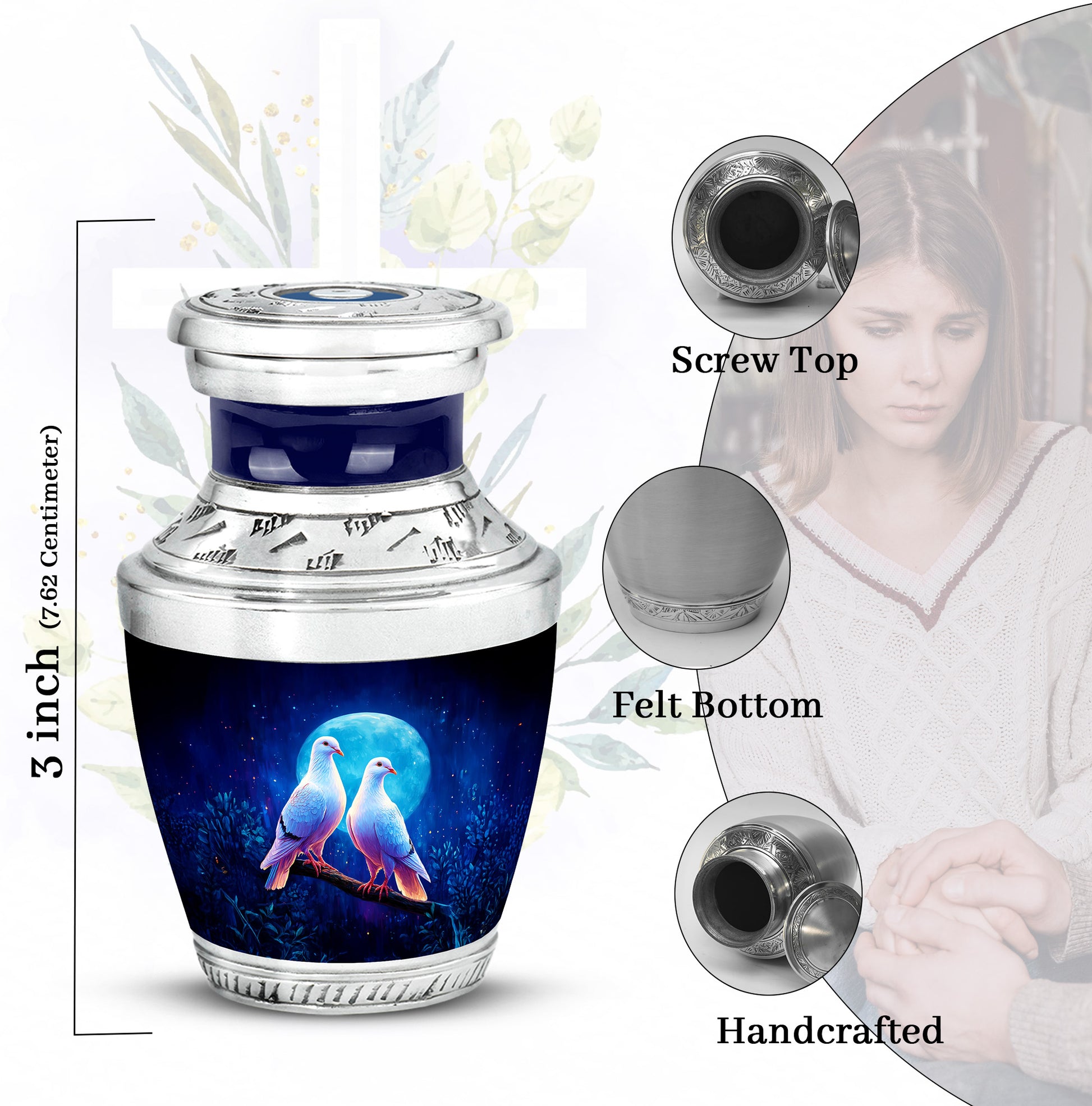 Powder Blue Dove Cremation Urn top-down view of secure threaded lid - modern art-inspired dove motif on sleek aluminum - mini keepsake memorial for portion of cremation ashes