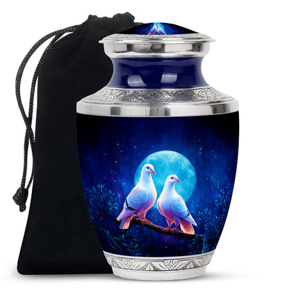 Navy Blue Dove Cremation Urn side profile showing urn shape - modern art-inspired dove motif on sleek aluminum - full-size 10 inch 200 cubic inch adult cremation urn
