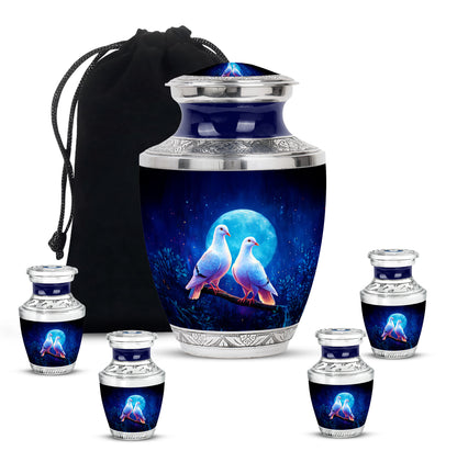 Vivid Blue Dove Cremation Urn lifestyle display on memorial shelf - artistic dove interpretation with creative detail - memorial set with one large and four small urns