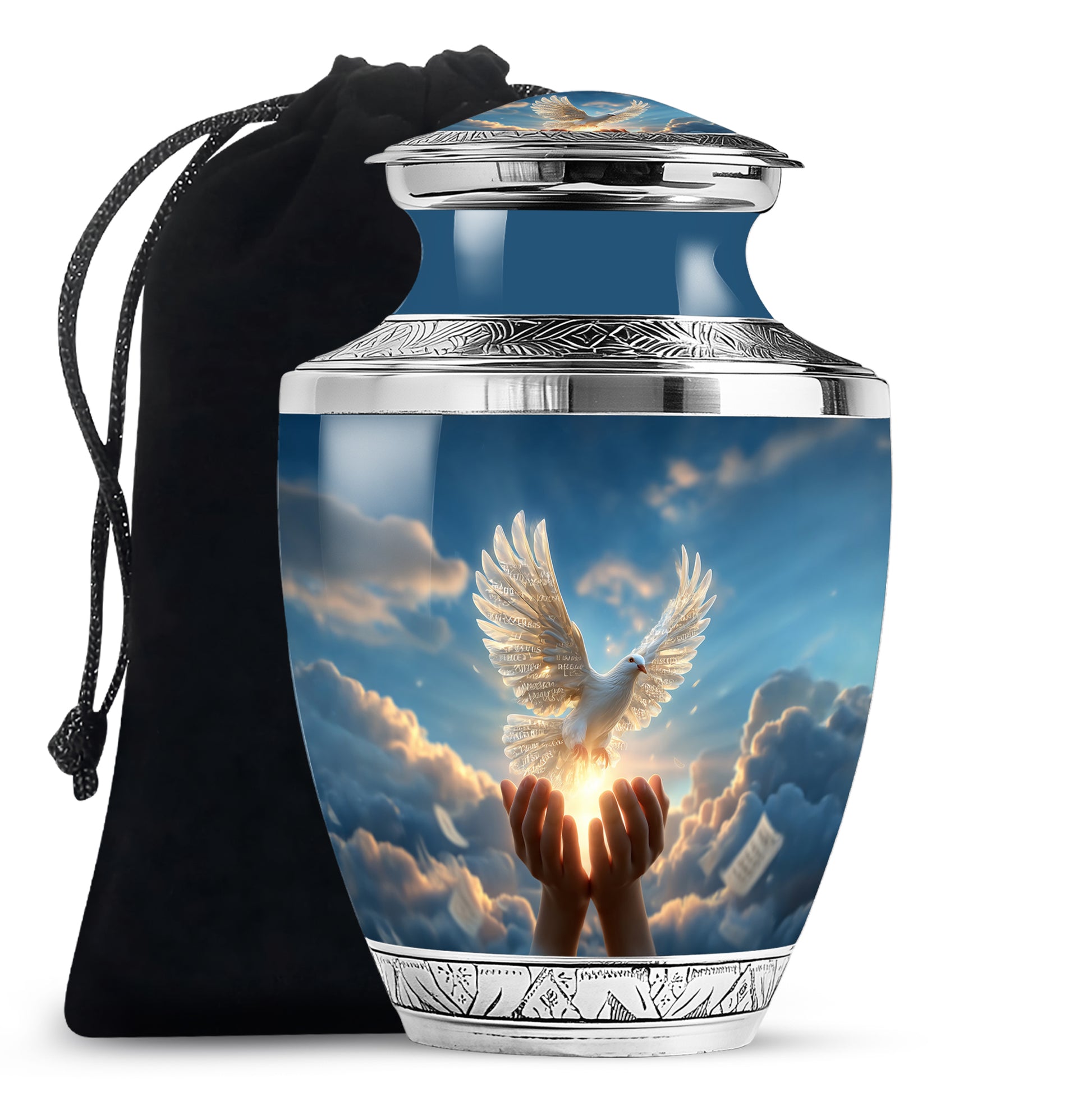 Celestial Blue Dove Cremation Urn side profile showing urn shape - modern art-inspired dove motif on sleek aluminum - full-size 10 inch 200 cubic inch adult cremation urn