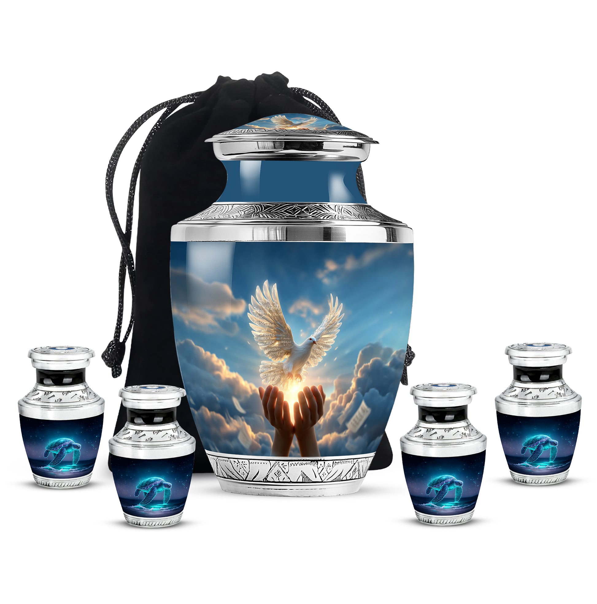 Powder Blue Dove Cremation Urn lifestyle display on memorial shelf - contemporary dove design with modern artistic flair - memorial set with one large and four small urns