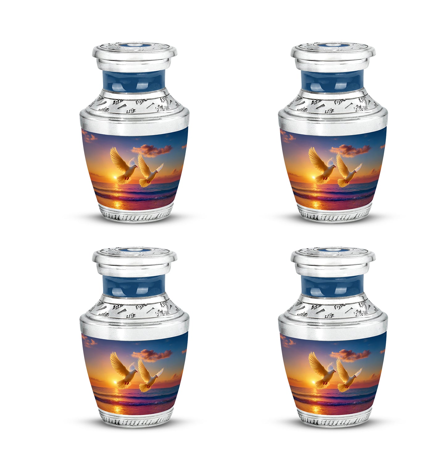 Powder Blue Dove Cremation Urn back view with polished surface - contemporary dove design with modern artistic flair - 10 inch aluminum urn for cremated remains