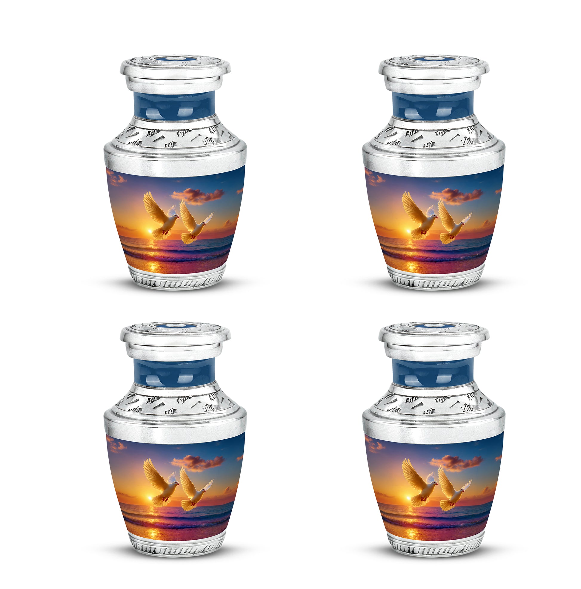 Powder Blue Dove Cremation Urn back view with polished surface - contemporary dove design with modern artistic flair - 10 inch aluminum urn for cremated remains