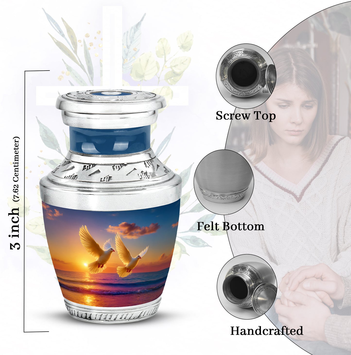 Powder Blue Dove Cremation Urn top-down view of secure threaded lid - contemporary dove design with modern artistic flair - mini keepsake memorial for portion of cremation ashes