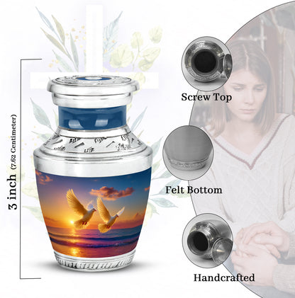 Powder Blue Dove Cremation Urn top-down view of secure threaded lid - contemporary dove design with modern artistic flair - mini keepsake memorial for portion of cremation ashes