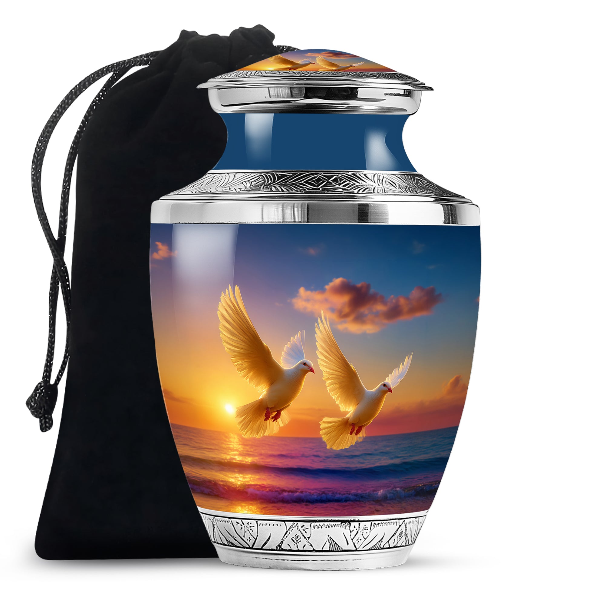 Steel Blue Dove Cremation Urn side profile showing urn shape - stylized abstract dove pattern with bold lines - full-size 10 inch 200 cubic inch adult cremation urn