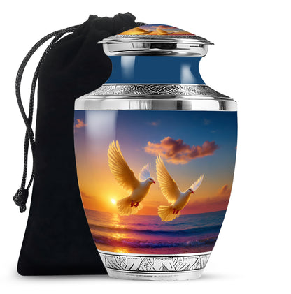 Steel Blue Dove Cremation Urn side profile showing urn shape - stylized abstract dove pattern with bold lines - full-size 10 inch 200 cubic inch adult cremation urn