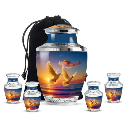 Soft Blue Dove Cremation Urn lifestyle display on memorial shelf - artistic dove interpretation with creative detail - memorial set with one large and four small urns