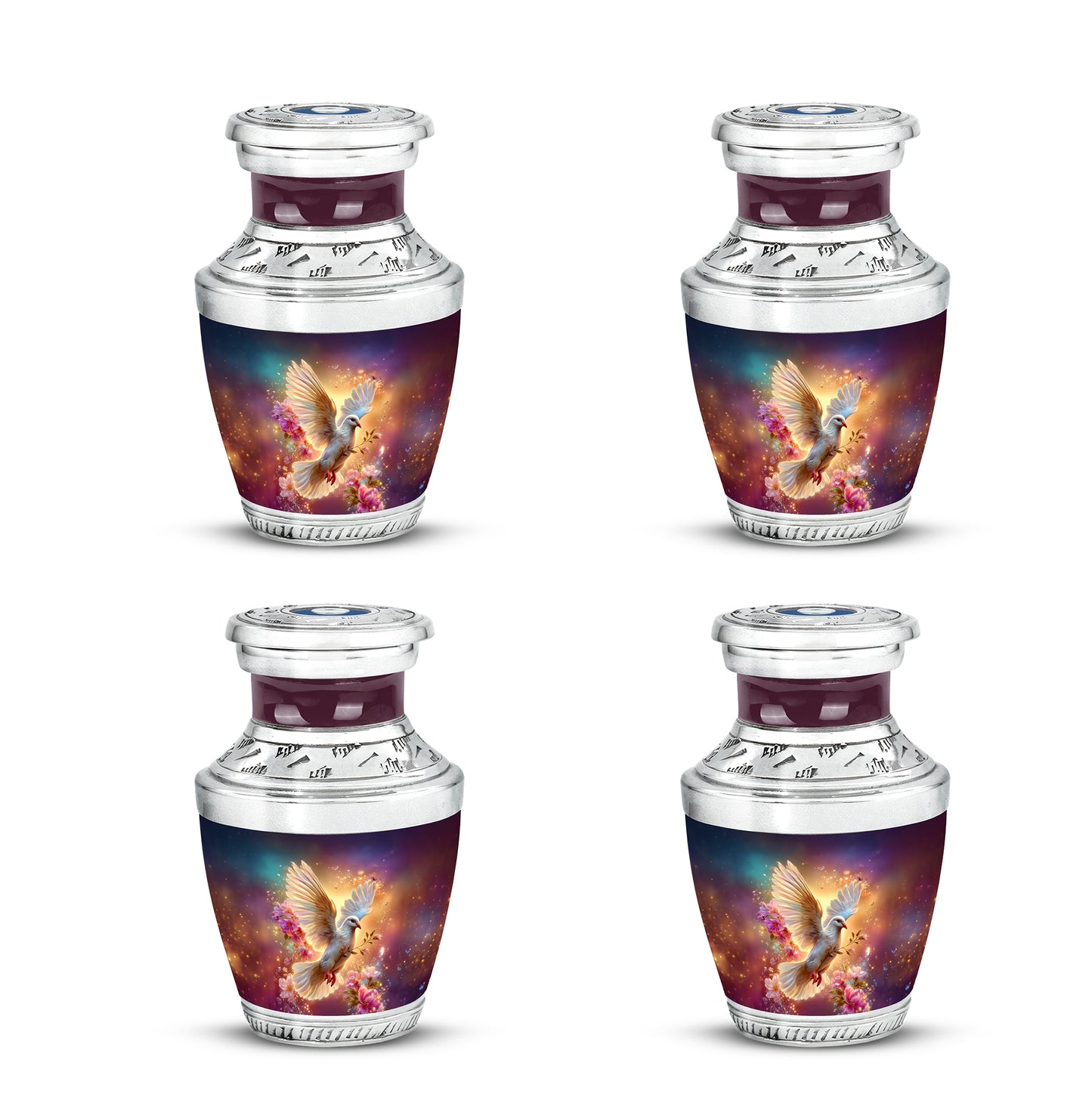 Steel Blue Dove Cremation Urn back view with polished surface - stylized abstract dove pattern with bold lines - 10 inch aluminum urn for cremated remains