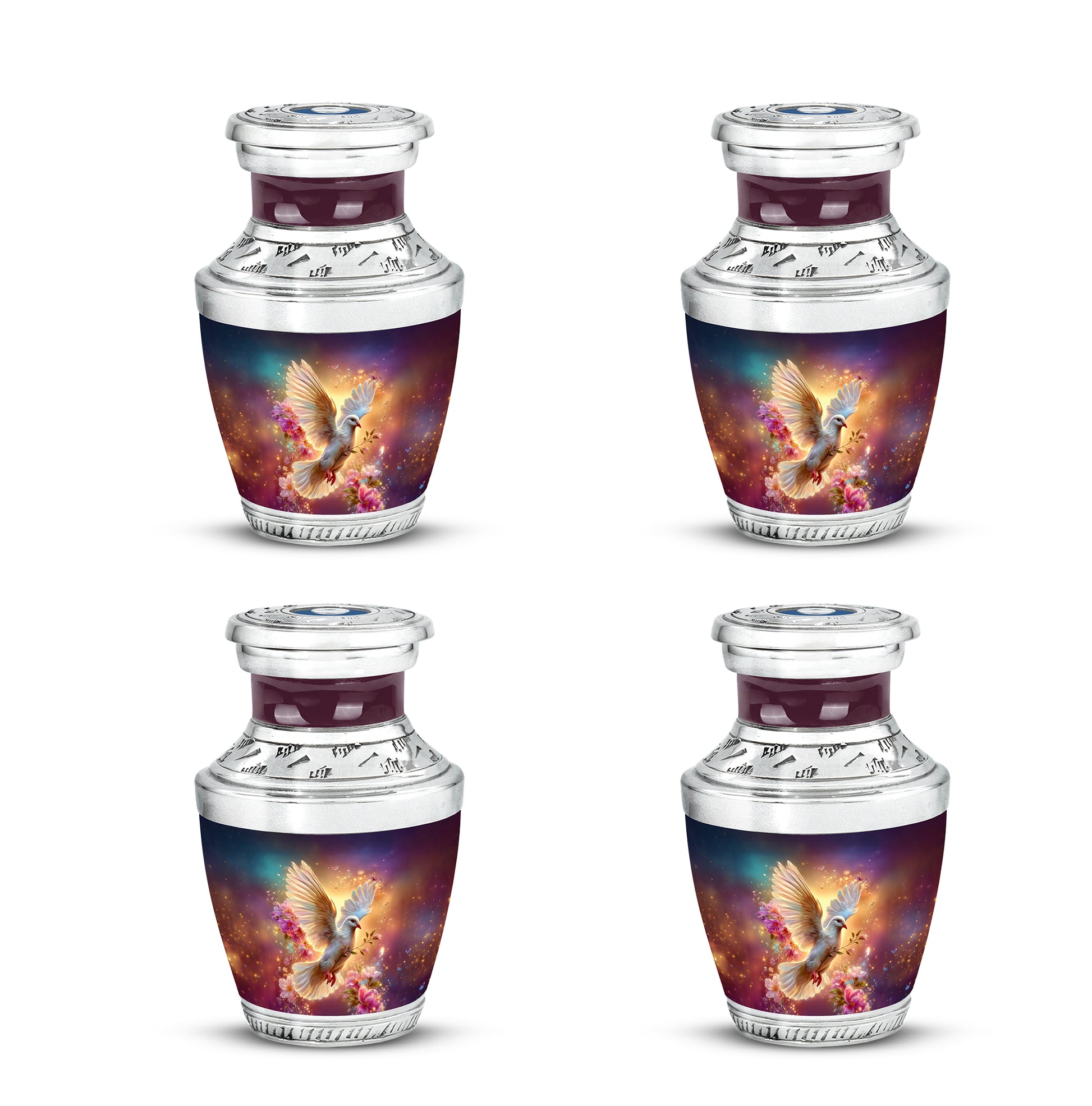 Steel Blue Dove Cremation Urn back view with polished surface - stylized abstract dove pattern with bold lines - 10 inch aluminum urn for cremated remains