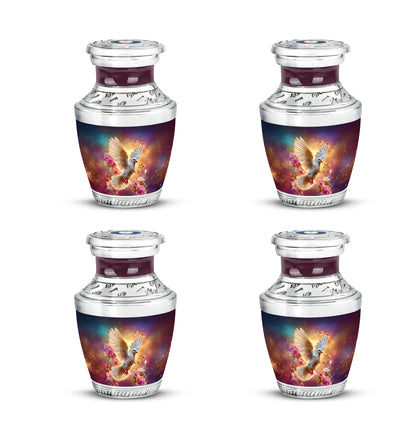 Steel Blue Dove Cremation Urn back view with polished surface - stylized abstract dove pattern with bold lines - 10 inch aluminum urn for cremated remains