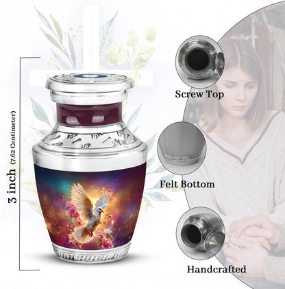 Twilight Blue Dove Cremation Urn top-down view of secure threaded lid - stylized abstract dove pattern with bold lines - mini keepsake memorial for portion of cremation ashes