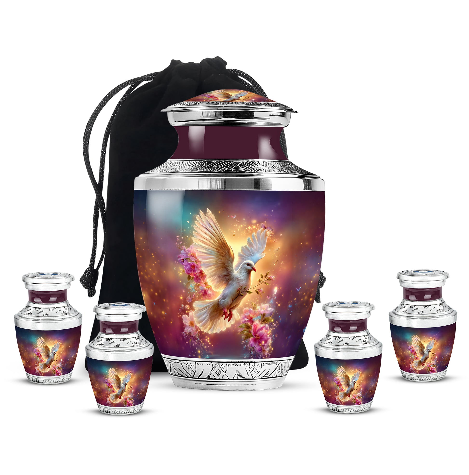 Twilight Blue Dove Cremation Urn lifestyle display on memorial shelf - artistic dove interpretation with creative detail - memorial set with one large and four small urns
