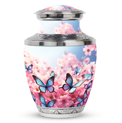 Butterfly Urn for Ashes, Pink Cherry Blossoms and Blue Wings, Silver Trim Urn
