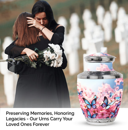 Butterfly Urn for Ashes, Pink Cherry Blossoms and Blue Wings, Silver Trim Urn