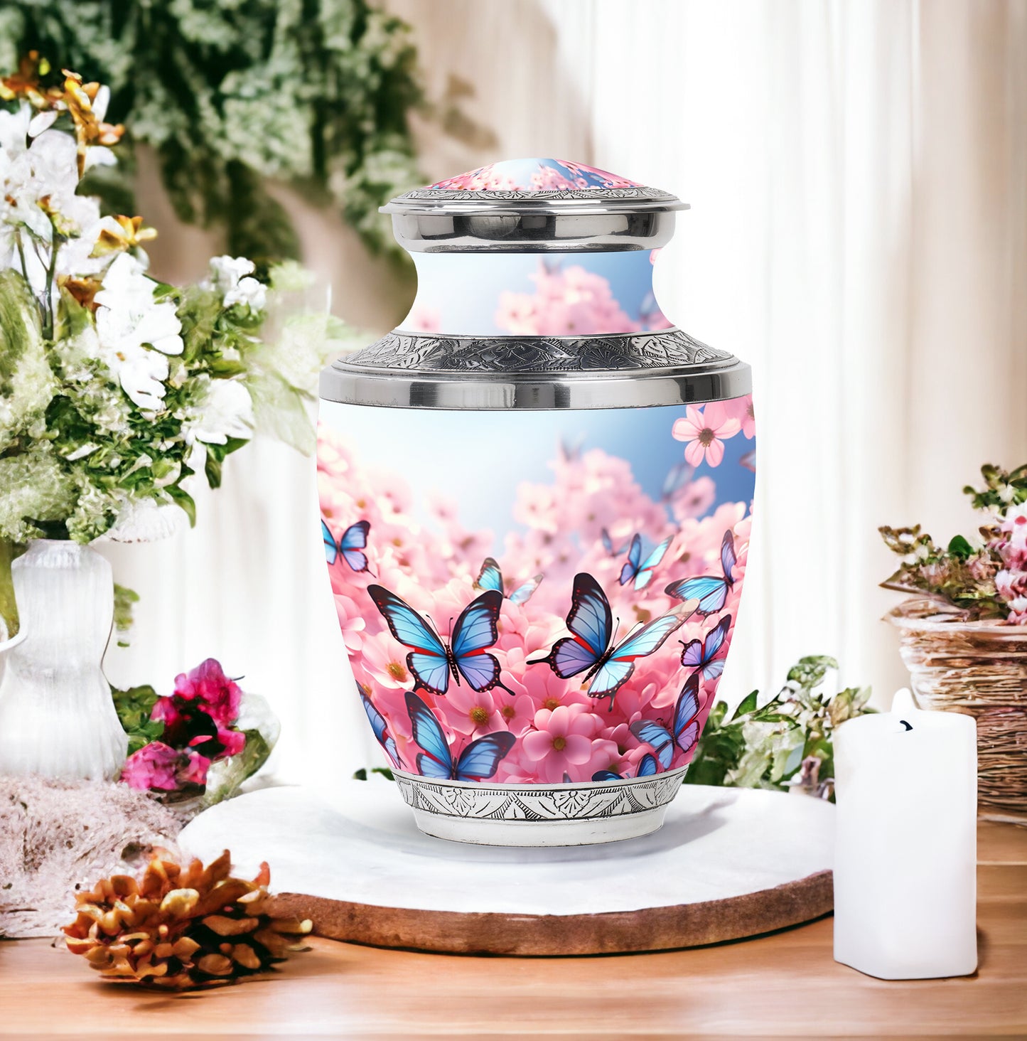 Butterfly Urn for Ashes, Pink Cherry Blossoms and Blue Wings, Silver Trim Urn