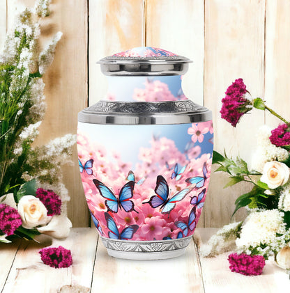 Butterfly Urn for Ashes, Pink Cherry Blossoms and Blue Wings, Silver Trim Urn