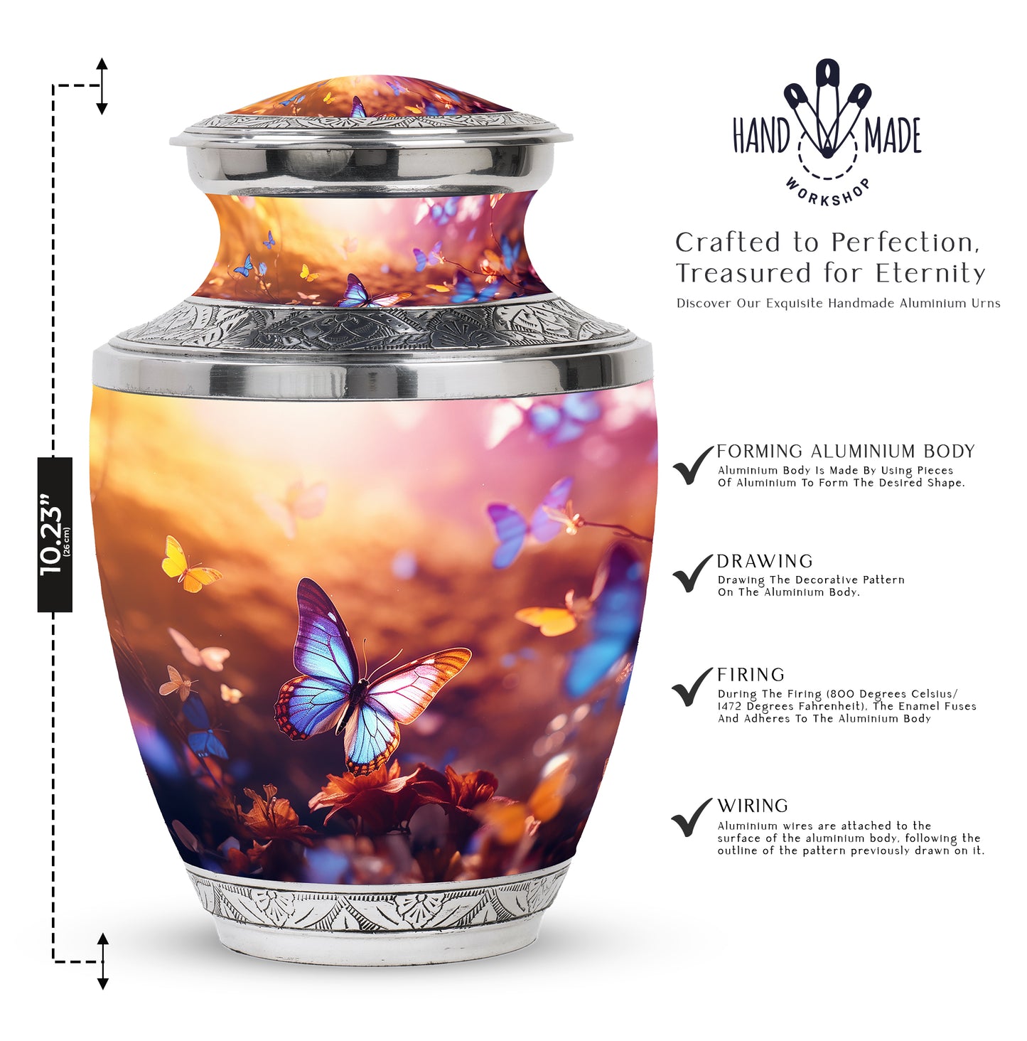 Personalized Butterfly Cremation Urn for Adult Female - 10-inch, 200 cu in - Yatskia