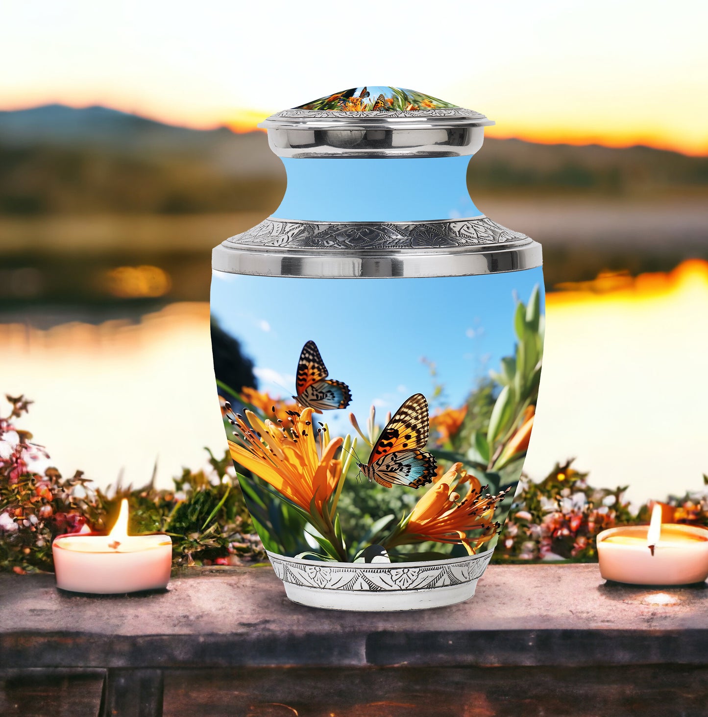 Orange Personalized Butterfly Memorial Urn for Women - 10-inch, 200 cu in - Yatskia