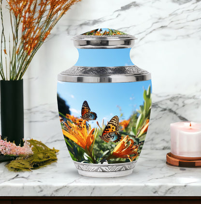 Orange Personalized Butterfly Memorial Urn for Women - 10-inch, 200 cu in - Yatskia