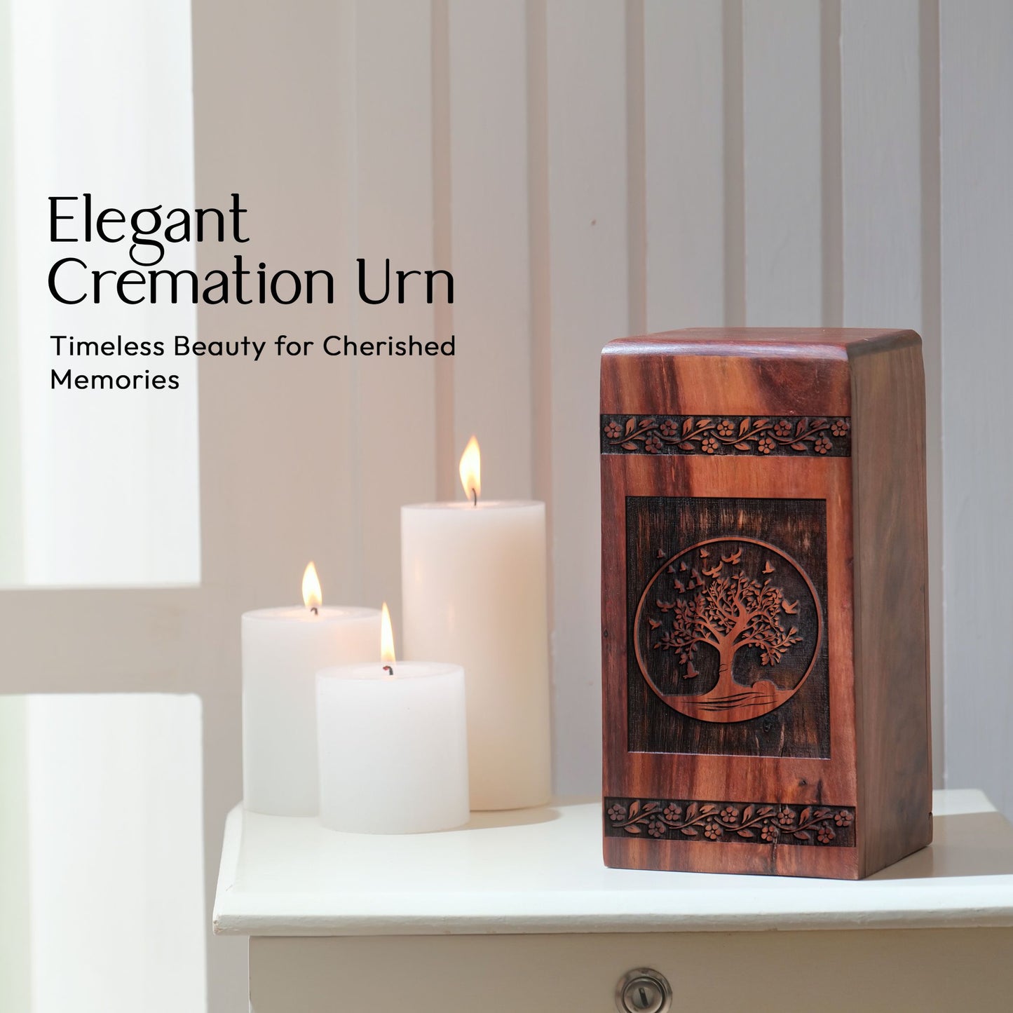 Large Tree of Life Wood Urn with capacity for 200 cubic inches of ashes, Biodegradable funeral urn for cremated remains