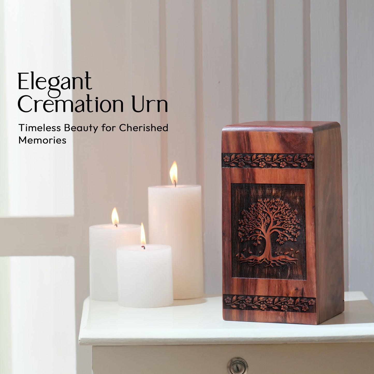 Carved wooden Tree Of Life Urn for adult human ashes, suitable for burial or cremation