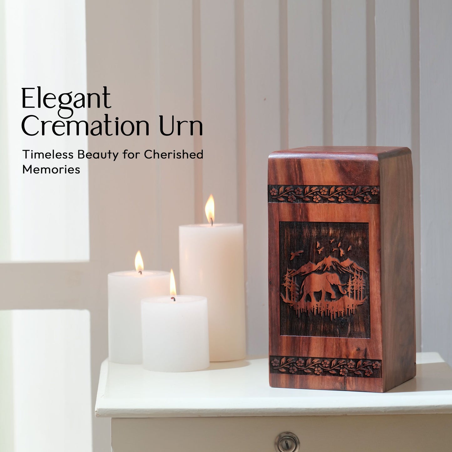 Large, wooden elephant shaped urn for burial ashes, perfect memorial for adult human remains
