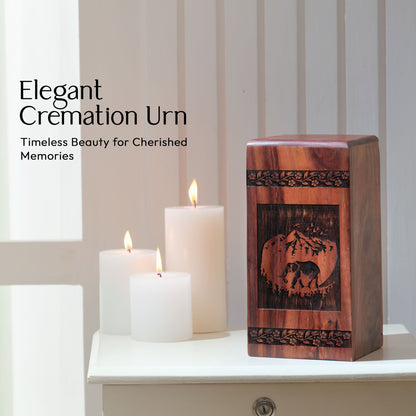 Large, wooden Elephant Urn serving as decorative Ash Container for human ashes, suitable for adult cremation.