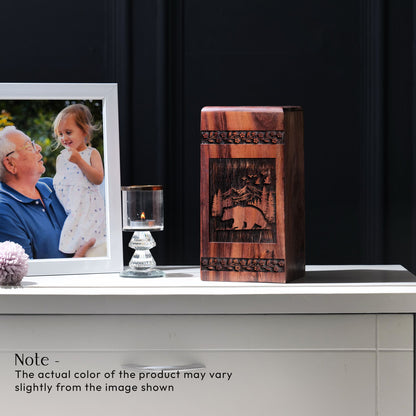 Large wooden bear shaped burial urn for adult human ashes, suitable as a memorial or memento for mom