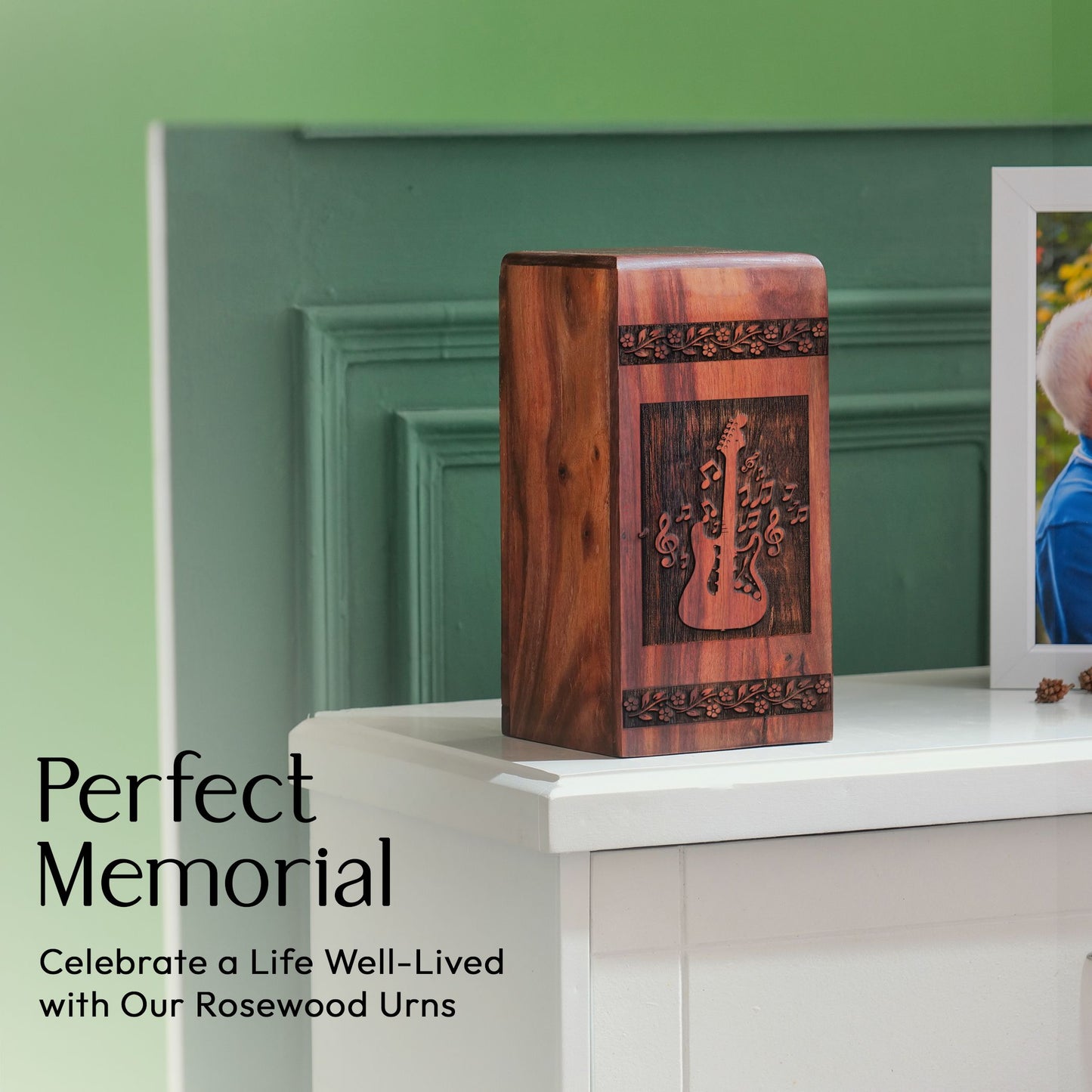 Large wooden urn designed like a guitar for human ashes, suitable for cremated remains of male dad, female mother, or adults