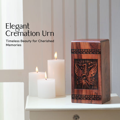 Large wooden cremation urn designed for adult male music lovers, perfect for preserving human ashes