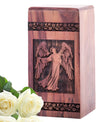 Jesus engraving on wooden cremation urn, suitable container for adult female human ashes