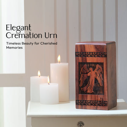 Jesus engraving on wooden cremation urn, suitable container for adult female human ashes