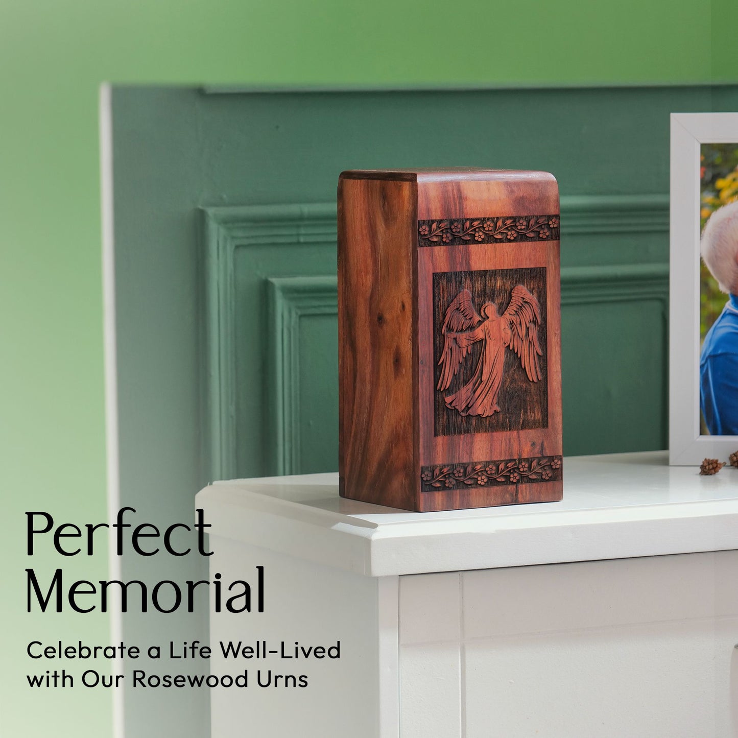 Jesus engraving on wooden cremation urn, suitable container for adult female human ashes