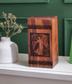 Jesus engraving on wooden cremation urn, suitable container for adult female human ashes