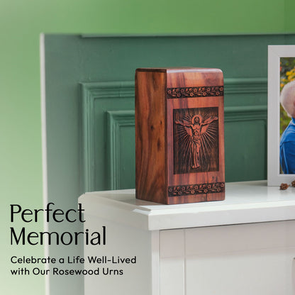 Large wooden Jesus urn for cremation ashes, suitable for adult female mom burial