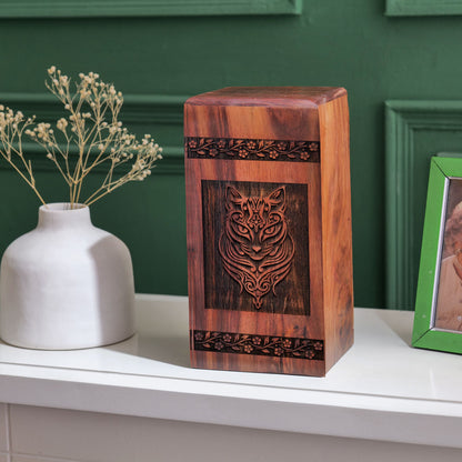 Small wooden cremation urn for cat ashes, suitable for men
