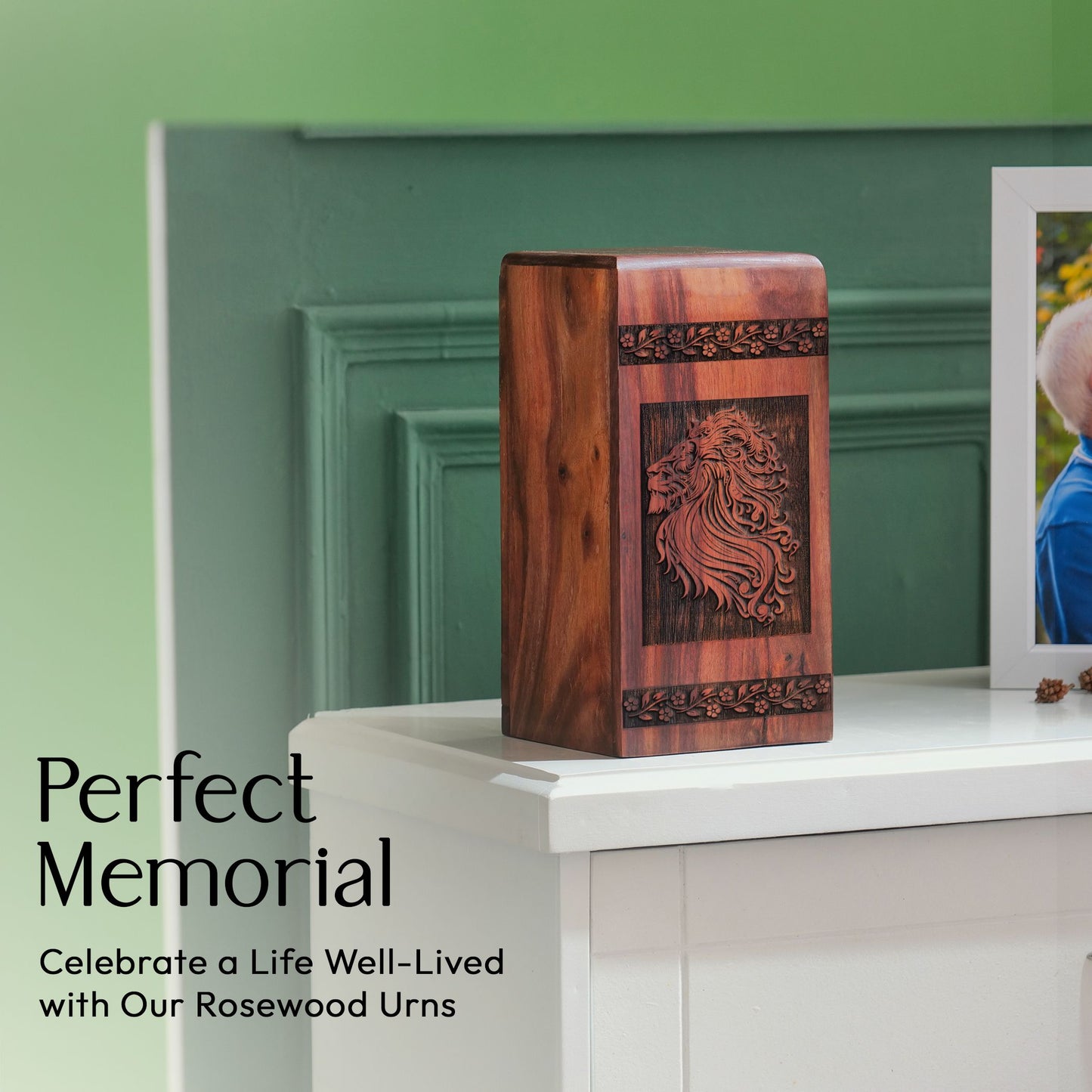 Handcrafted wooden lion-shaped urn for adult human ashes, ideal for funeral or memorial service