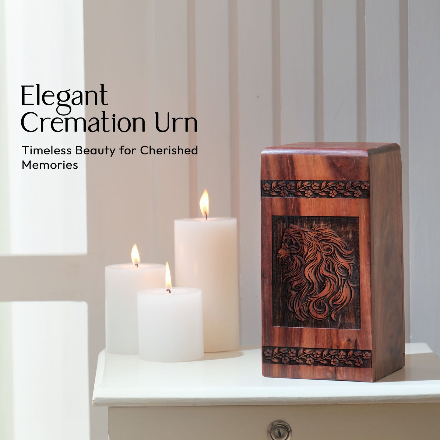 Handicrafted wooden Lion Urn for adult human ashes, ideal for cremation companion.