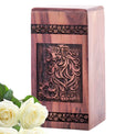 Crafted wooden urn with elegant lion design, suitable for adults and women and ideal for funeral decorations and burial of ashes
