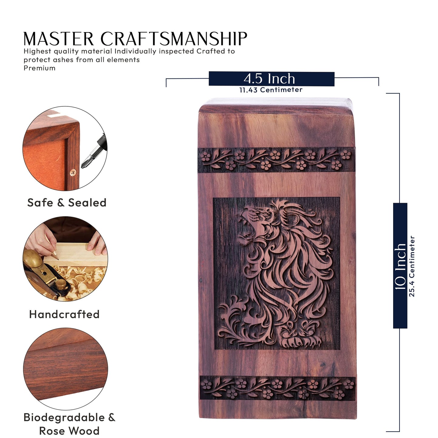 Crafted wooden urn with elegant lion design, suitable for adults and women and ideal for funeral decorations and burial of ashes