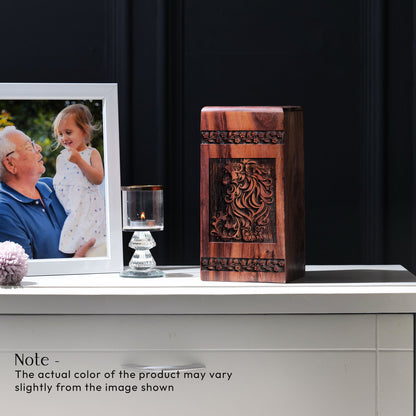 Crafted wooden urn with elegant lion design, suitable for adults and women and ideal for funeral decorations and burial of ashes