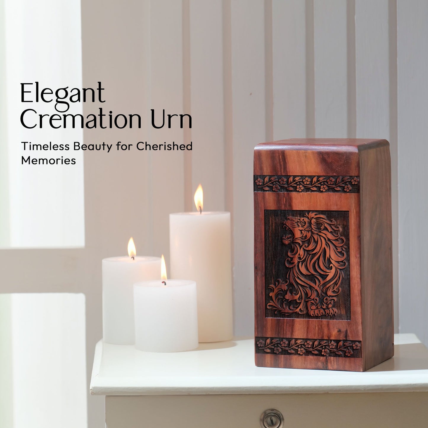 Crafted wooden urn with elegant lion design, suitable for adults and women and ideal for funeral decorations and burial of ashes