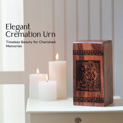 Crafted wooden urn with elegant lion design, suitable for adults and women and ideal for funeral decorations and burial of ashes